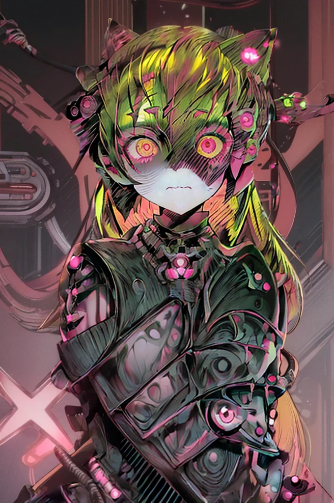 ruby hoshino, (yellow hair:1.5), long hair, one side up, (pink eyes:1.5), sidelocks, (star-shaped pupils:1.5), (symbol-shaped pupils:1.5), (mismatched pupils:1.5), borg cyborg bald gray skin veins metal armor cable eyepatch deadpan expression