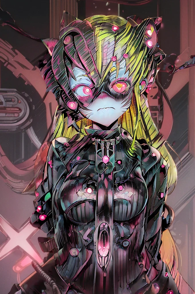 ruby hoshino, (yellow hair:1.5), long hair, one side up, (pink eyes:1.5), sidelocks, (star-shaped pupils:1.5), (symbol-shaped pupils:1.5), (mismatched pupils:1.5), borg cyborg bald gray skin veins metal armor cable eyepatch deadpan expression