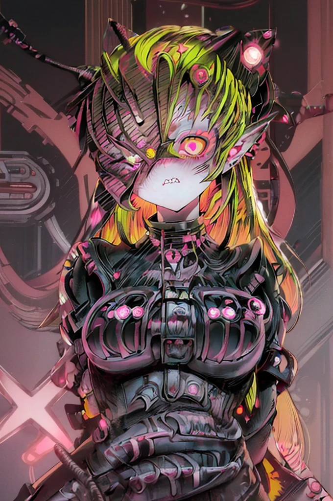 ruby hoshino, (yellow hair:1.5), long hair, one side up, (pink eyes:1.5), sidelocks, (star-shaped pupils:1.5), (symbol-shaped pupils:1.5), (mismatched pupils:1.5), borg cyborg bald gray skin veins metal armor cable eyepatch deadpan expression