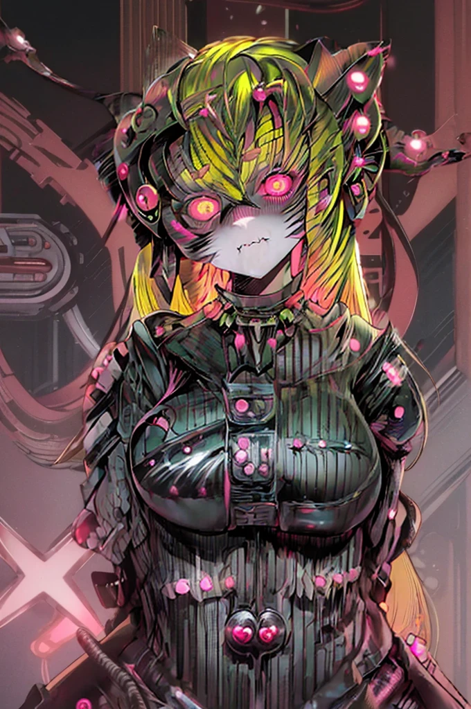 ruby hoshino, (yellow hair:1.5), long hair, one side up, (pink eyes:1.5), sidelocks, (star-shaped pupils:1.5), (symbol-shaped pupils:1.5), (mismatched pupils:1.5), borg cyborg bald gray skin veins metal armor cable eyepatch deadpan expression