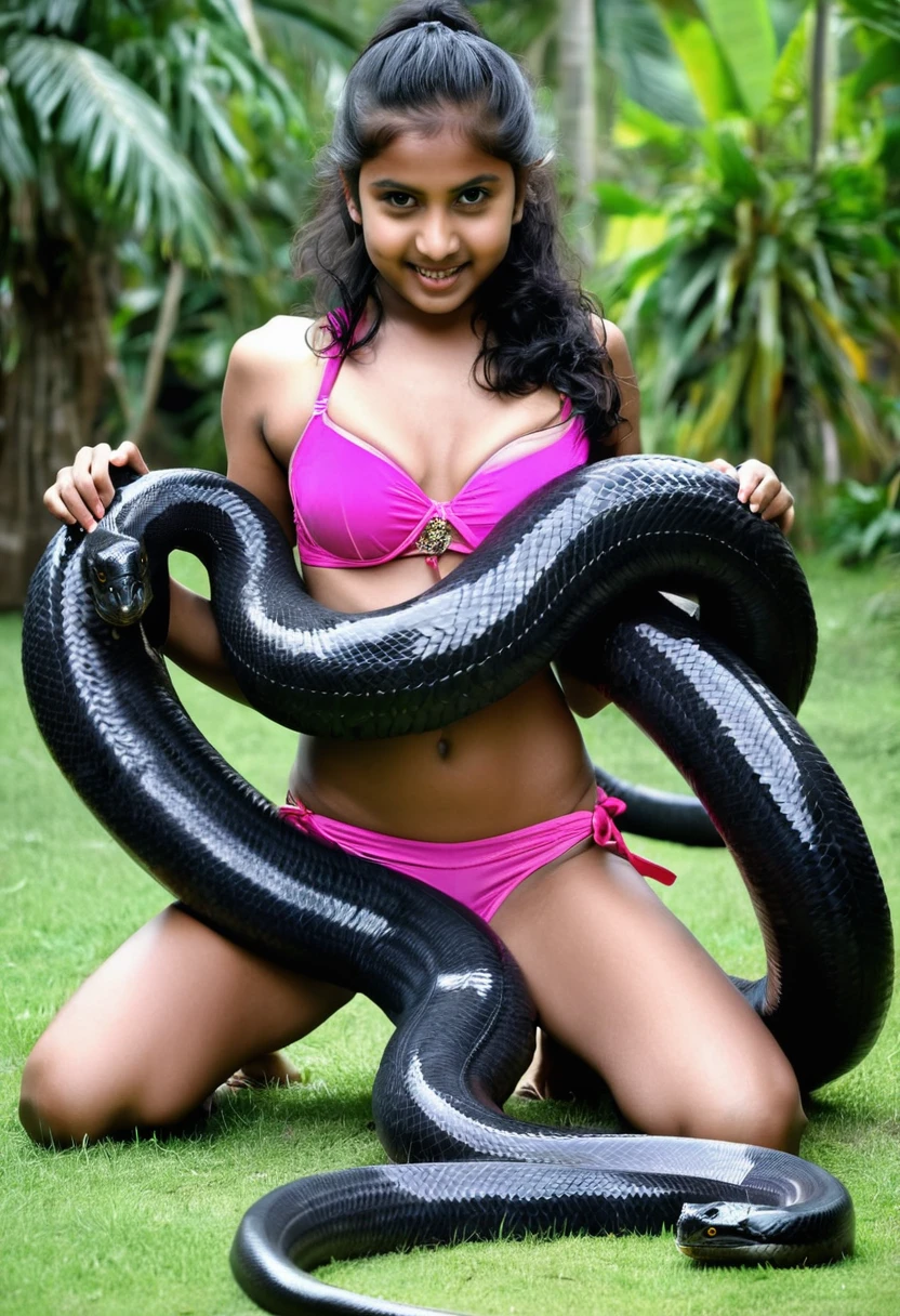 Topless Pink thong Happy Horny, aroused 1girl), beautiful kneeling Indian young girl with giant colossal black titanboa squeezing her hard, wrapped in thick spiraling coils, constricted, struggle, gasping for air, snake attack, snake peril,
