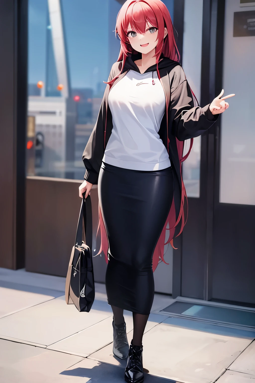 1girl, woman, hoodie, pencil skirt, maxi length skirt, long hair, full body, smile