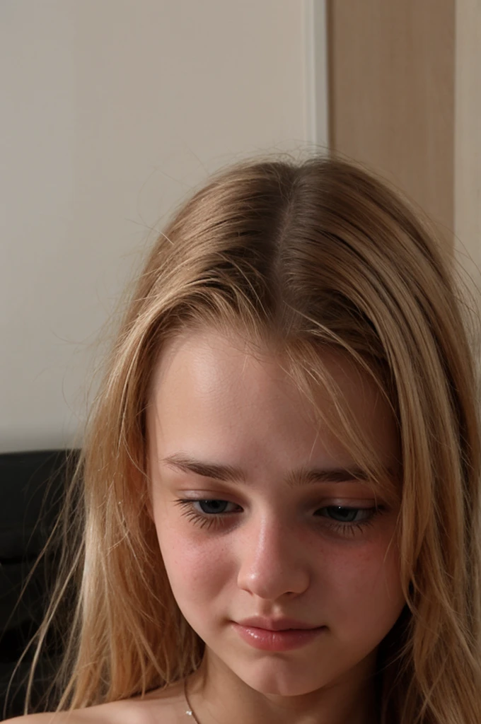 A nude 18 yo blonde girl looking embarrassed shot from above. Close up.