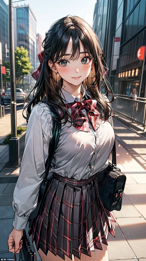 (masterpiece:1.2, Highest quality), (Realistic, photoRealistic:1.4), Beautiful illustrations, (Natural Side Lighting, Cinema Lighting),
View your viewers, Cowboy Shot, Front view, 1 Girl, Japanese, high school girl, Perfect Face, Cute and symmetrical face, Shiny skin,
(Long Hair, Straight hair, Black Hair), Parted bangs, Emerald green eyes, (Big Ass),
Beautiful Hair, Beautiful Face, Beautiful attention to detail, Beautiful clavicle, Beautiful body, Beautiful breasts, Beautiful thighs, Beautiful feet, Beautiful fingers,
((Long sleeve collared shirt, Grey pleated fool bag, Red plaid bow tie)),
(Beautiful views), evening, On the way home from school, walking, (Cute smile, Upward glance),