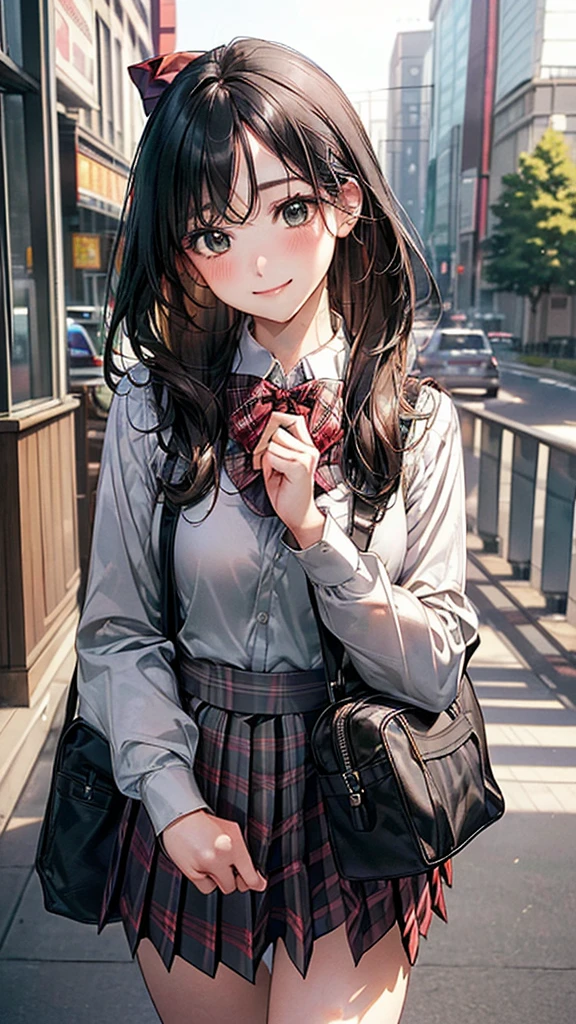 (masterpiece:1.2, Highest quality), (Realistic, photoRealistic:1.4), Beautiful illustrations, (Natural Side Lighting, Cinema Lighting),
View your viewers, Cowboy Shot, Front view, 1 Girl, Japanese, high school girl, Perfect Face, Cute and symmetrical face, Shiny skin,
(Long Hair, Straight hair, Black Hair), Parted bangs, Emerald green eyes, (Big Ass),
Beautiful Hair, Beautiful Face, Beautiful attention to detail, Beautiful clavicle, Beautiful body, Beautiful breasts, Beautiful thighs, Beautiful feet, Beautiful fingers,
((Long sleeve collared shirt, Grey pleated fool bag, Red plaid bow tie)),
(Beautiful views), evening, On the way home from school, walking, (Cute smile, Upward glance),