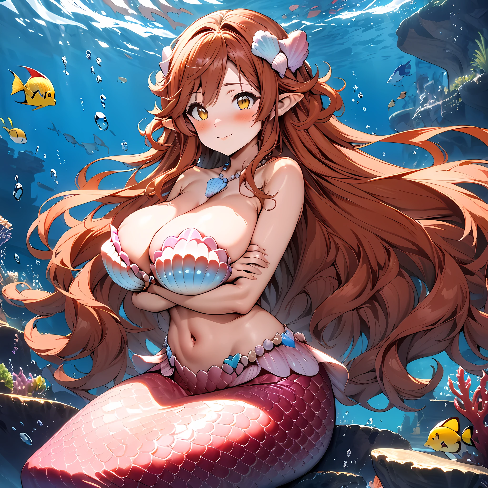 (masterpiece), best quality, expressive eyes, perfect face,1girl,mermaid misty \(pokemon\), long hair, shell bikini,big breasts,cleavage,navel,full body,underwater background,pointy ears,long hair,hair ornament,(strapless patterned shell bikini),blush,(blank yellow eyes),light smile,shell pendant,breast hold