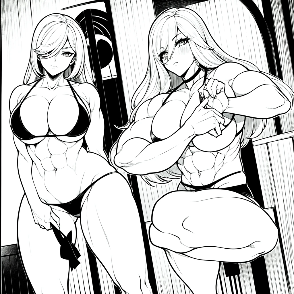 1 girl, anime style, linear, black and white, doing squats, bikini, muscular, defined abdomen, beautiful thighs, large thighs, wide thighs, bangs covering her eyes