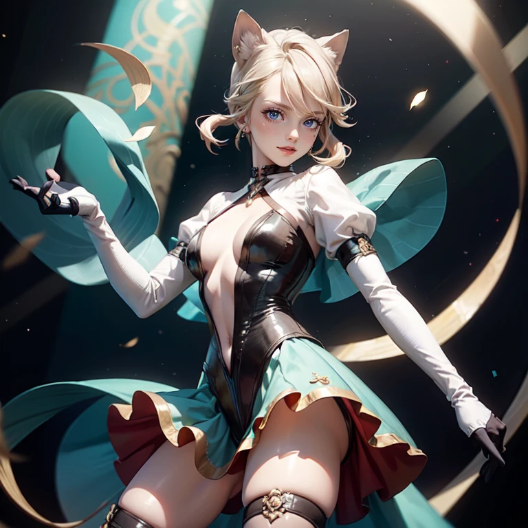 1girl, white maid dress, jewelry, blonde hair, flowing hair, long hair, maid dress with a short skirt and layers, white laces, white boots, white dress with transparency, gold details on her clothes, cat ears, animal ears, more details, perfectly body, perfectly hands, two hands, two legs, two arms, five fingers, glowing hair, best quality, cat ears, animal ears, cat tail, white gloves, alone, maid headdress, choker, detached sleeves, maid dress, maid white dress, strapless, masterpiece, best quality, detailed face, night, asymmetrical gloves, bangs, white short skirt , white gloves, white boots, earrings, elbow gloves, fishnet thigh highs, fish masterpiece, solo, best quality, detailed face, gloves, hair between eyes, jewelry, looking at viewer, single earring, sky, sleeveless, solo, thigh boots, thigh highs, uneven gloves, cat ears, animal ears, cat tail, solo, alone, Looking at the viewer, More details on the clothes, white roses on her hair, space scenery, maid, maid dress, green details, white roses, maid headdress, maid apron, long hair, seat on the Saturn rings, more details on her clothes, gold details on her clothes, space, smiling, standing her hand to a viewer, looking at the viewer, in the background a several asteroids glowing with fiery auras, Dramatic lighting from distant stars and planets illuminates the scene, looking at the vast and mysterious universe, cowboy shot, upper body portrait, more details, sparkle,