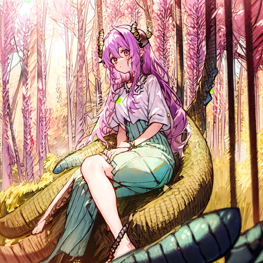 (1girl:1.5), solo, dragonian_head, dragonian_body, dragonian_hairstyle, dragonian_horns, dragonian_tail, sitting, outdoors, 