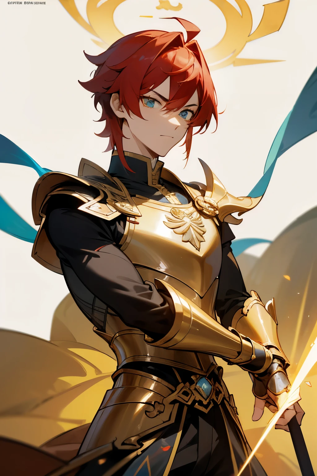 Diluc, the handsome character from Genshin Impact, stands confidently with his sharp azure eyes scanning his surroundings. His signature red hair, styled in a neat and calm manner, complements his aristocratic attire. A golden-hued knight's armour adorns his tall frame, showcasing his strength and valiance in combat. The armor's polished surface reflects the surrounding details, revealing Diluc's serious demeanor. A shining sword, equipped at his side, hints at his readiness to protect those around him, while a distinctive emblem on his chest reveals his allegiance. Overall, Diluc's presence exudes a wise and noble aura