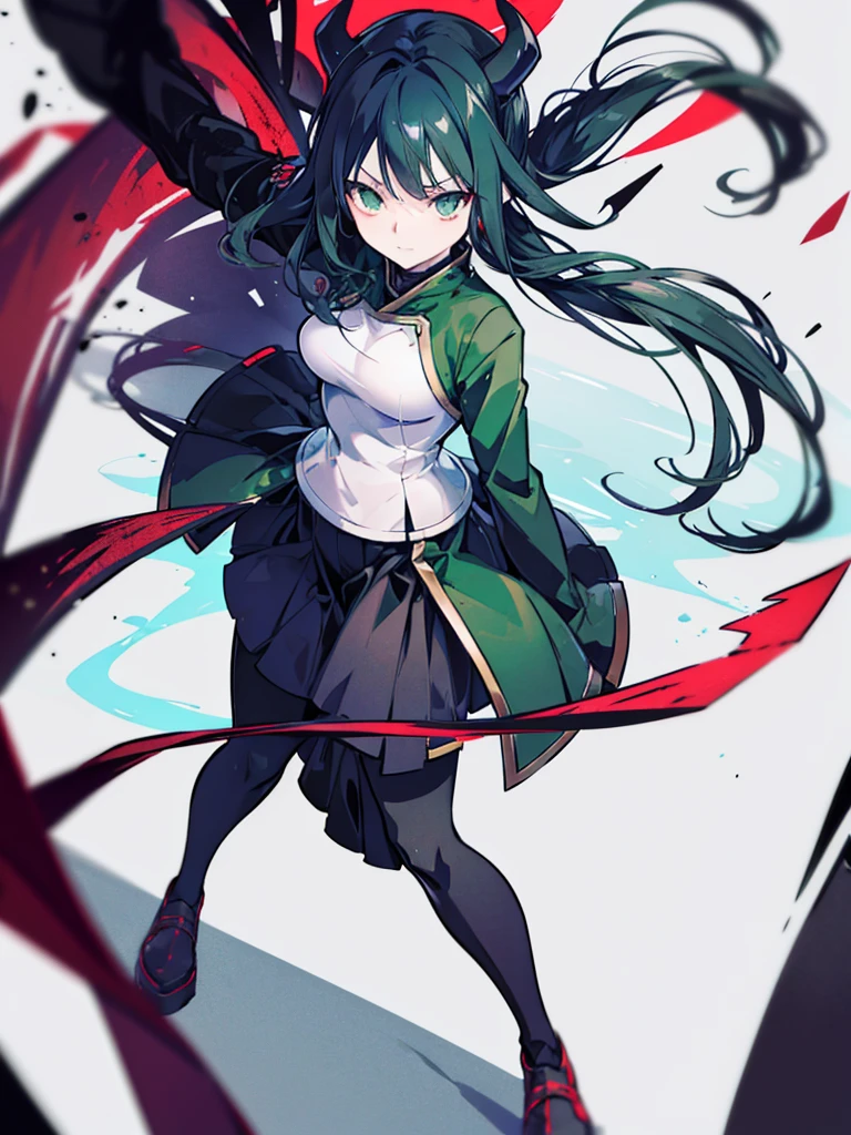 A demon slayer woman. IT IS NOT A DEMON OR DEMON ACCESSORIES, long black hair, green eyes, demon slayer costume with skirt, may he be happy and standing