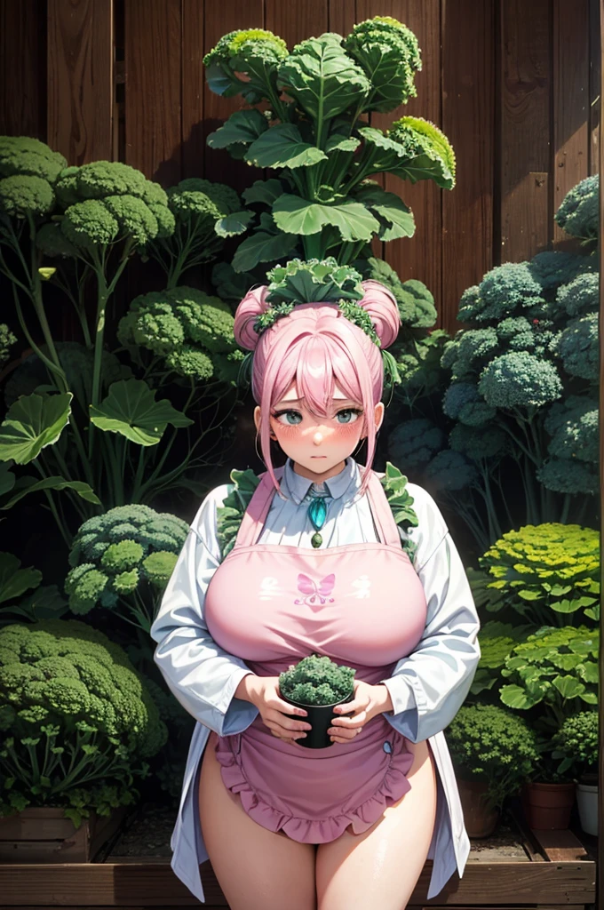 1 45 year old woman , standing alone, nakano nino, pink  hair, butterfly hair ornaments, (Kale:1.3), (white apron), breasts big, neckleace, thicc thighs, coffee background, (blushful:1.3)