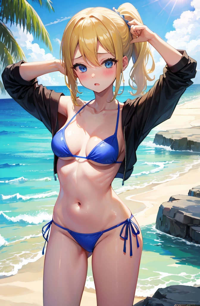 Random pose、Sexy Bikini、Blue Bikini、Random pose、NFSW、NFSW bikini、Blonde、ponytail、Random pose、Pale blue eyes、、Ocean、Sandy Beach、Blushing、Embarrassed expression、