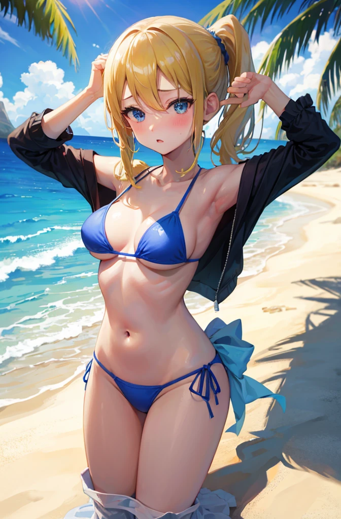 Random pose、Sexy Bikini、Blue Bikini、Random pose、NFSW、NFSW bikini、Blonde、ponytail、Random pose、Pale blue eyes、、Ocean、Sandy Beach、Blushing、Embarrassed expression、