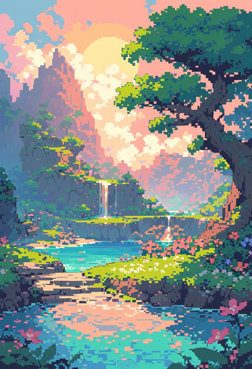 intricate pixel art, lush floral background, sunny day, nature, highly detailed, masterpiece, soft, vibrant