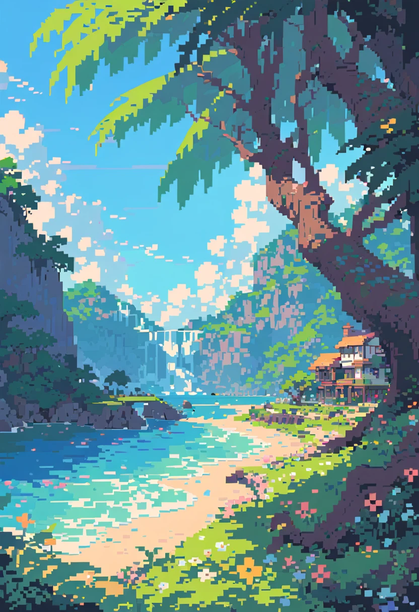 intricate pixel art, lush floral background, sunny day, nature, highly detailed, masterpiece, soft, vibrant