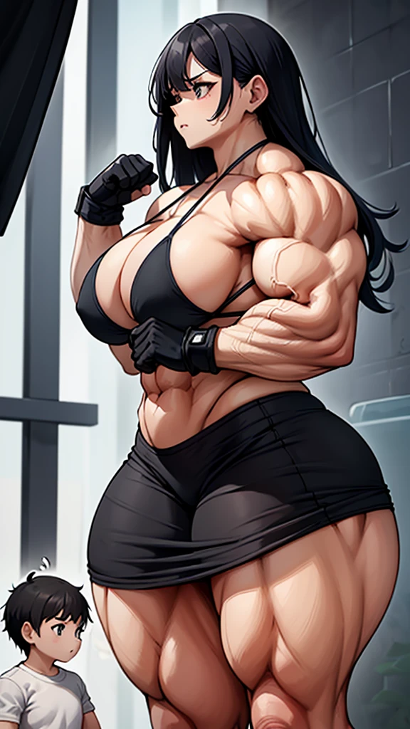 Woman in black bikini and small man in white shirt, weak and small man, thin and small physique, Very beauthful. , ,weak and defenseless man, small physique, , muscular ultraviolent woman, muscular and scary, absurdly huge physique, big muscles, extremely muscular woman,