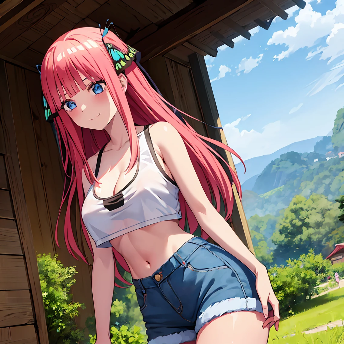 1girl, alóne,Nino nakano,2d, masterpiece, best quality, anime, cowboy shot, nakano nino, pink hair, butterfly hair ornament, crop top , cleavage, Denim shorts , medium breasts, standing, school, outdoors, smilelong pink hair, blue eyes, big breasts, medium waist, wide hips, medium thighs,