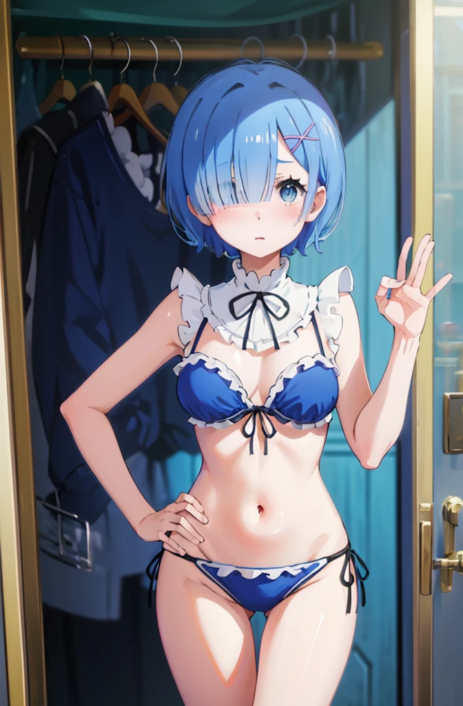 Bikini、Blushing、Blue Hair、Random pose、、short hair、Dressing room、cloth shop、Bikini、Random pose、Glamorous expression、