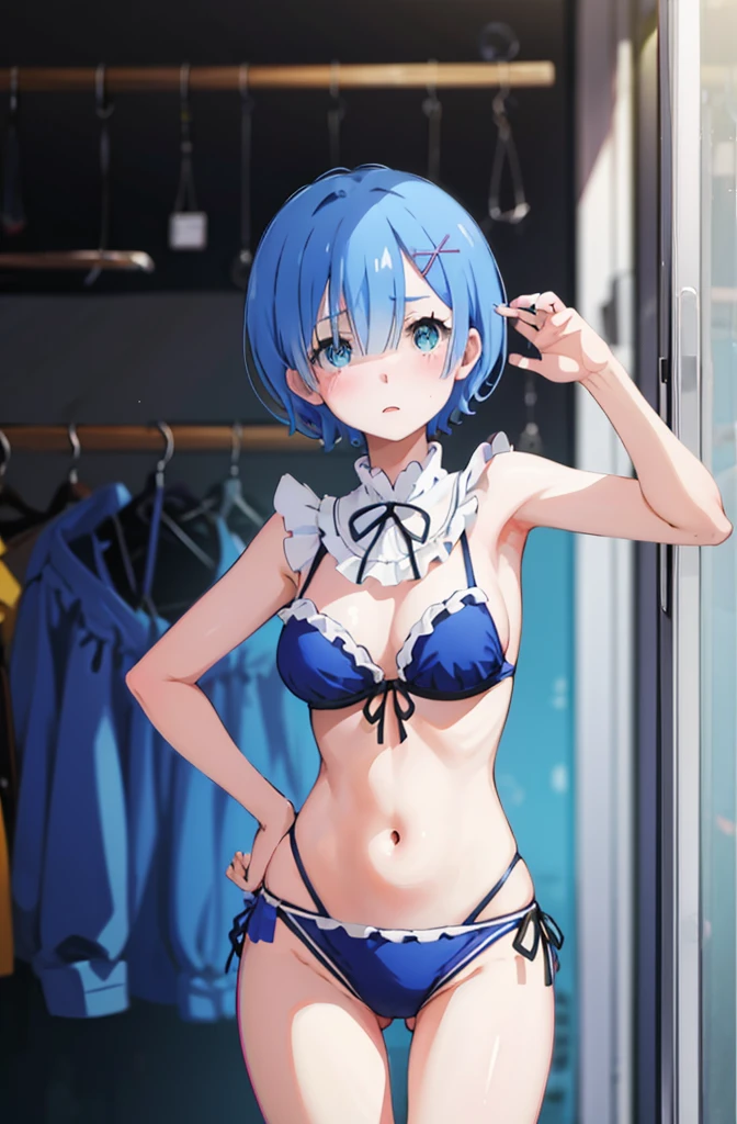 Bikini、Blushing、Blue Hair、Random pose、、short hair、Dressing room、cloth shop、Bikini、Random pose、Glamorous expression、