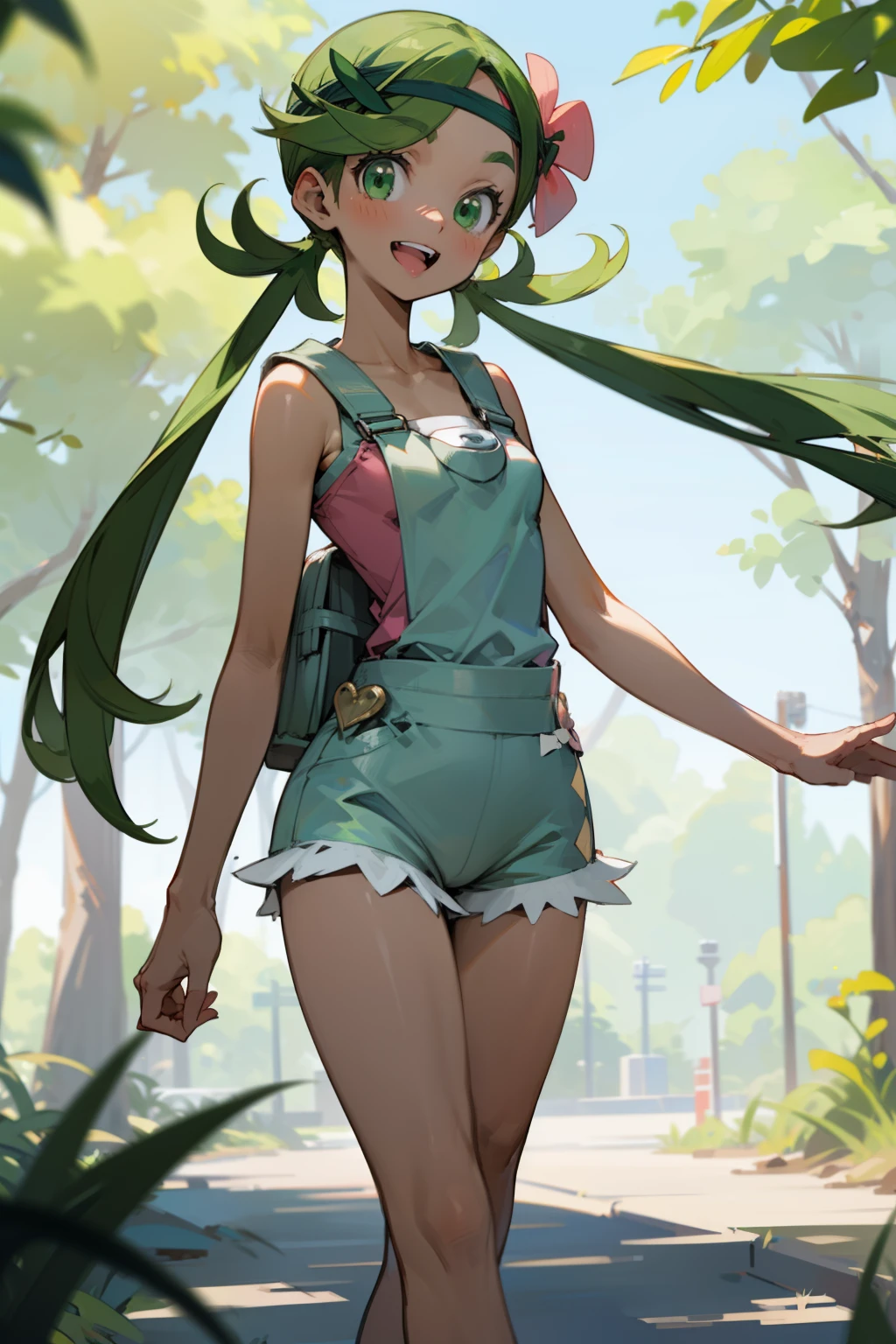 (Masterpiece), Best Quality, ultra-detailed, 1girl(zodiac_mallow , lovely small breasts, dark skin , green hair, long hair, twintails, headband, pink flower in hair, green eyes), smile, open mouth, solo, denim overalls, backpack  , outdoor, forest, , walk, walking