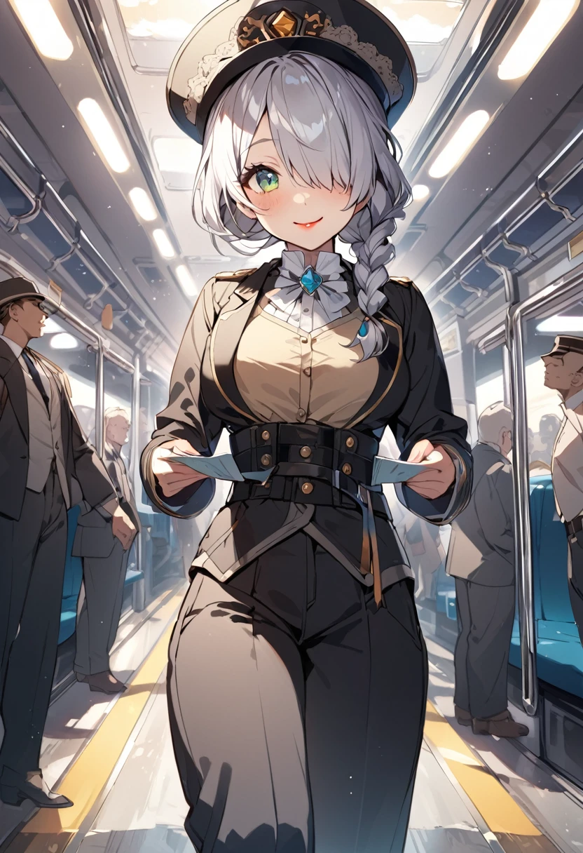BREAK Perfect Anatomy、(High resolution:1.2)、Incredible illustrations、(Cute illustrations:1.2)、()(cinematic angle,ceiling,solo focus,)
(Beautiful background(Passage inside the train))
1girl(a (male focus,tom girl), 1.7meters, 45kg,,dark skin:2.5 ,green eyes,silver hair,hair over one eye,long french braid,lipstick:1.2)(light smile)
(tyrolean hat,dark rail road man's coat,Vest jacket with lines,slacks,workman's boots) Conductor checking tickets inside the train