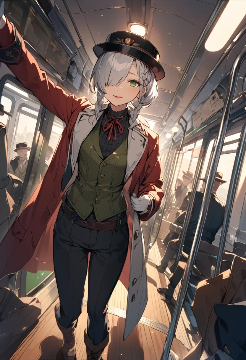 BREAK Perfect Anatomy、(High resolution:1.2)、Incredible illustrations、(Cute illustrations:1.2)、()(cinematic angle,ceiling,solo focus,)
(Beautiful background(Passage inside the train))
1girl(a (male focus,tom girl), 1.7meters, 45kg,,dark skin:2.5 ,green eyes,silver hair,hair over one eye,long french braid,lipstick:1.2)(light smile)
(tyrolean hat,dark rail road man's coat,Vest jacket with lines,slacks,workman's boots) Conductor checking tickets inside the train