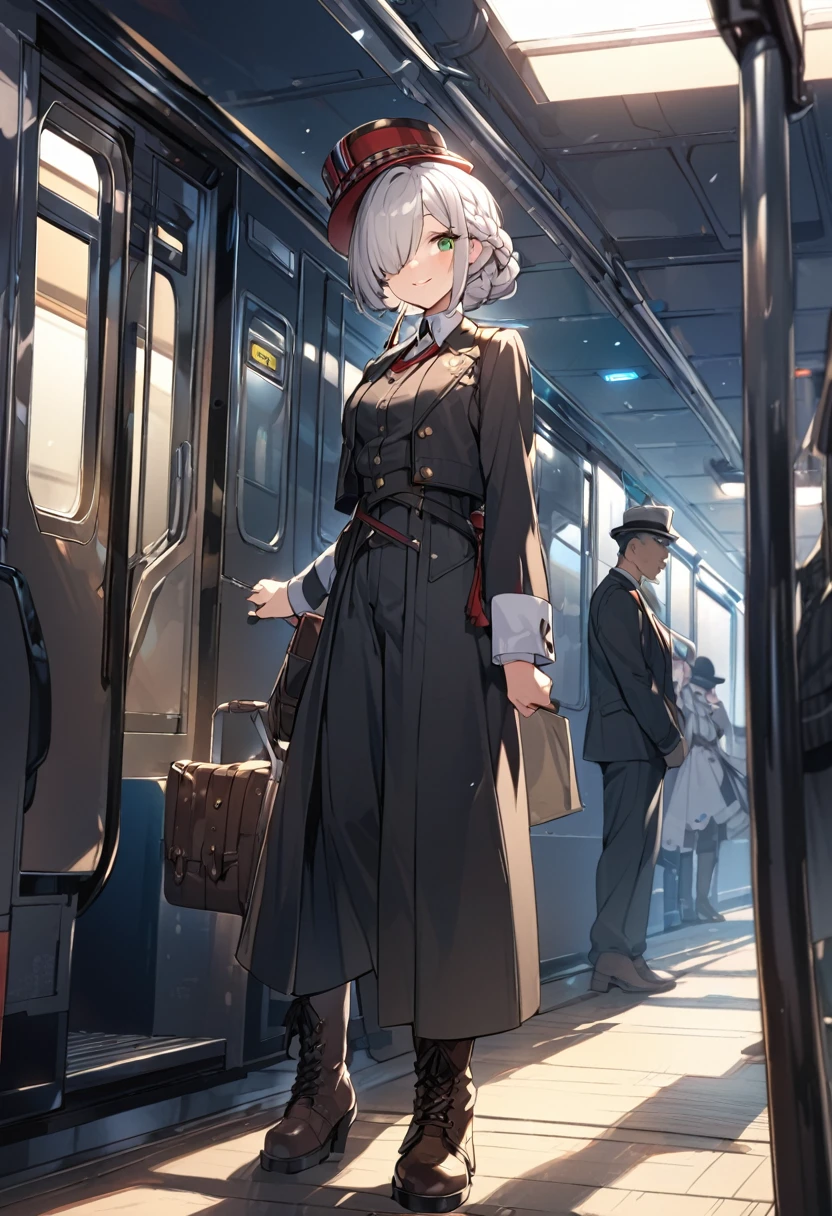 BREAK Perfect Anatomy、(High resolution:1.2)、Incredible illustrations、(Cute illustrations:1.2)、()(cinematic angle,ceiling,solo focus,) 
（Beautiful background（Passage inside the train))

1girl(a (male focus,tom girl), 1.7meters, 45kg,,dark skin:2.5 ,green eyes,silver hair,hair over one eye,long french braid,lipstick:1.2)(light smile)
(tyrolean hat,dark rail road man's coat,Vest jacket with lines,slacks,workman's boots)　Conductor checking tickets inside the train


