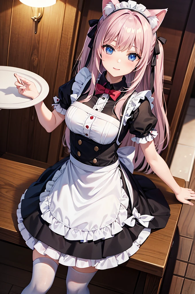 realisitic、maximum quality、1 girl in,Cat's ears, maid&#39;s belt, pink  hair ,  shorth hair、saliva、heart-shaped pupils, orgasming 、Purple PVC bikini ,lace gloves ,breasts big、standing on all fours