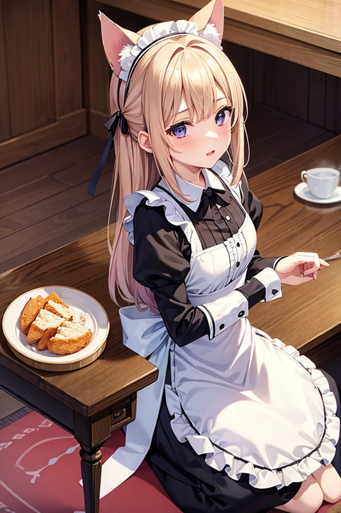 realisitic、maximum quality、1 girl in,Cat's ears, maid's belt, pink hair , shorth hair、saliva、heart-shaped pupils, orgasming 、Purple PVC bikini ,lace gloves ,breasts big、standing on all fours