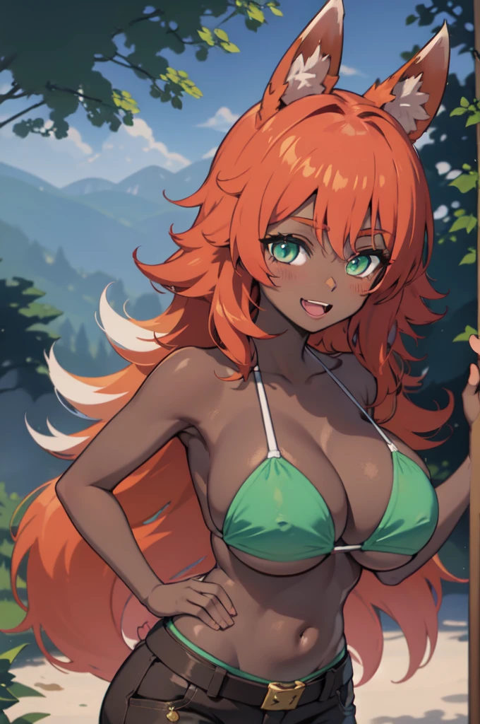 Not suitable for children, without NSFW filter, masterpiece, best quality, highres, zoo1,thin, narrow waist, green eyes, bangs, orange hair, very long hair, bare brests, fox tail, dark skin, fox girl, tank top, green micro bikini, belt, forest, cowboy shot, big breast, upper body, smile, pov, (blushes 1.5), strong orgasm, underboob,The genitals stick out through the clothes, 