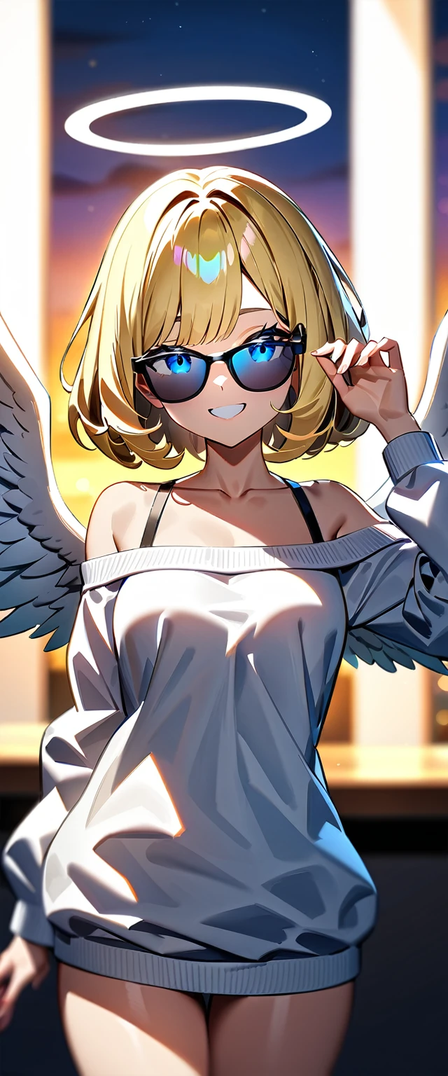 ((flying in the sky)), ((angel, big big white wings:1.3, halo:1.3)), ((sky)), (((sunglasses, hand to sunglasses))), (((cowboy shot))), archangel Uriel, ((wavy hair, inward curled hair)), evening, Sunset, ((blond hair, bob cut:1.3)), breasts, teenager, (looking at viewer), oversized clothes, puffy long sleeves, collarbone, ((off-shoulder sweater:1.3, Quite thick shoulder straps)), ((white sweater)), collarbone, head tilt:1.3, (((blue eyes))), ((happy smile)), (((anime style))), (best quality, 4K, 8K, highres, masterpiece:1.2, ultra-detailed, ultra-detailed eyes, HDR, uhd, studio lighting, ultra-fine painting, sharp focus, physically-based rendering, extreme detail description, professional, vivid colors, bokeh)