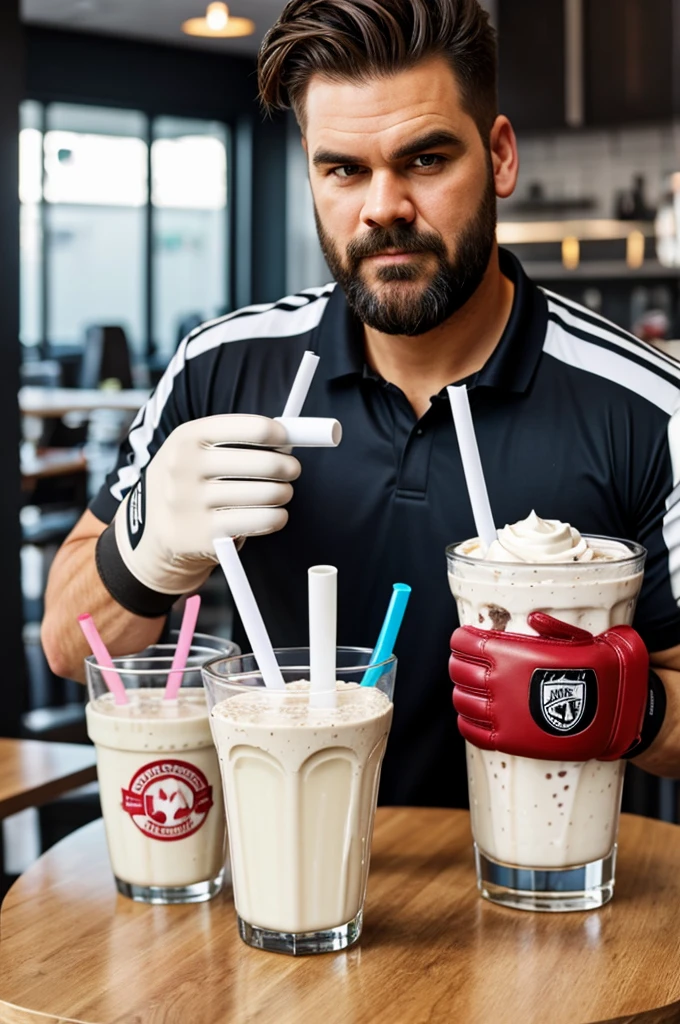 A milk shake with goalkeeper gloves