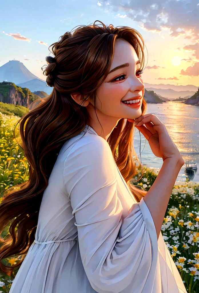 (Surrealistic style, full body shot from the side), (Woman 1_Pretty face and delicate features, eye smile and happy smile, long brown hair, bushy hair), (Beauty_Clear white skin), Jeju Island at sunset_Doldam trail , traveling alone, white dress, breeze, fragrant midsummer, nature, (highest quality, 4k, 8k, high definition, masterpiece: 1.2), ultra detail, (realistic, realistic, photorealistic: 1.37), HDR, UHD, studio Lighting, Sharp Focus, Physically Based Rendering, High Detail, Professional, Vivid Colors, Bokeh, Portrait