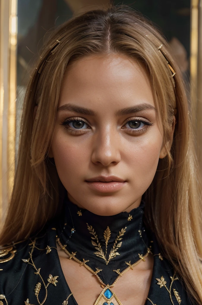 a beautiful blonde woman, beautiful golden blonde hair, detailed eyes, beautiful detailed lips, extremely detailed face, long eyelashes, in the country of Egypt, wearing a long black arab dress, (best quality,4k,8k,highres,masterpiece:1.2),ultra-detailed,(realistic,photorealistic,photo-realistic:1.37),HDR,UHD,studio lighting,ultra-fine painting,sharp focus,physically-based rendering,extreme detail description,professional,vivid colors,bokeh,portrait, with a view of pyramide behind