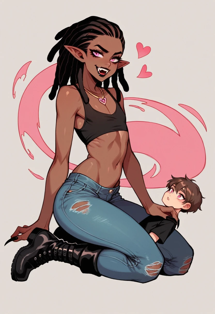 Best quality, highly detailed, ultra detailed, 1 very Dark brown skin boy, flat chest, male chest, curvy body, long pink dreadlocks, pink dreadlocks, pink eyes, pointy ears on sides, fangs, sharp nails,  lipgloss, wearing white croptop, biker shorts, showing penis to the audience, handjob 