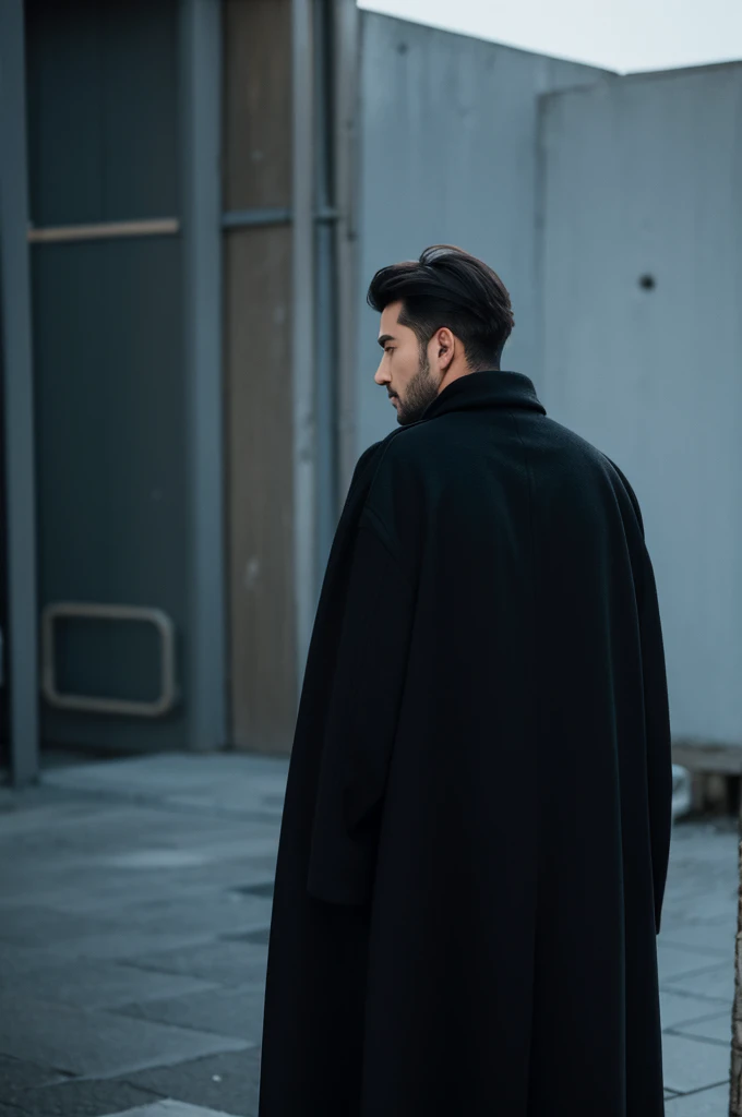 Back view of a man wearing a black coat