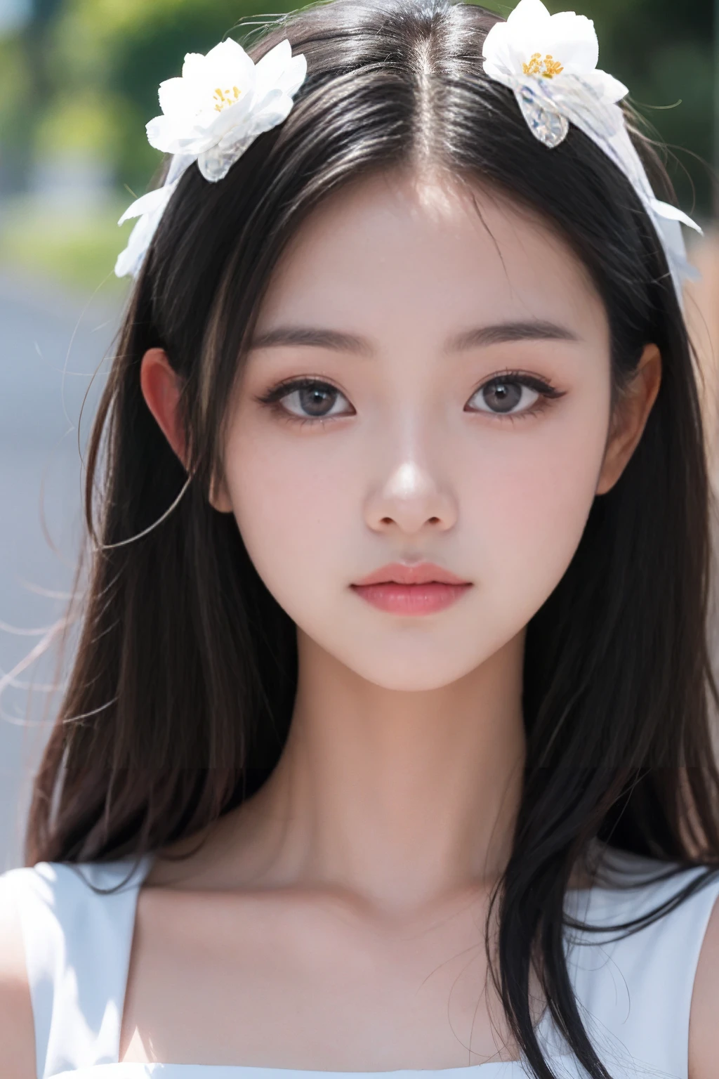 pretty girl,Around 20 years old,Black Hair,Long hair,Oval face,big eyes,Very white skin,Wearing a white dress