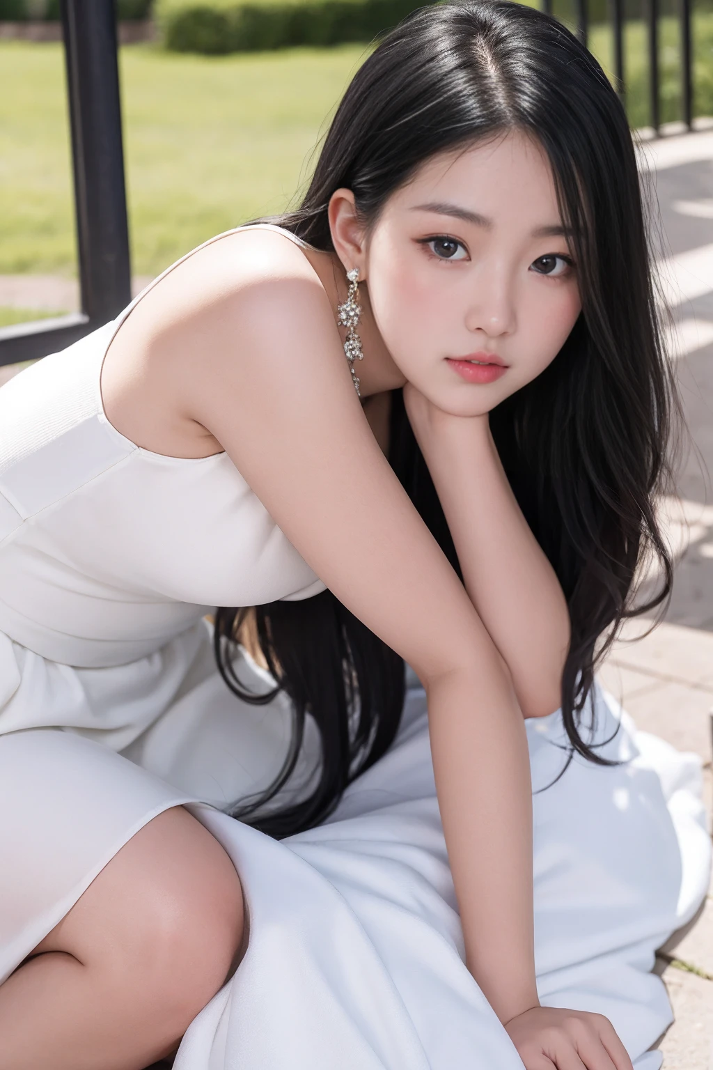 pretty girl，Around 20 years old，Black Hair，Long hair，Oval face，big eyes，Very white skin，Wearing a white dress