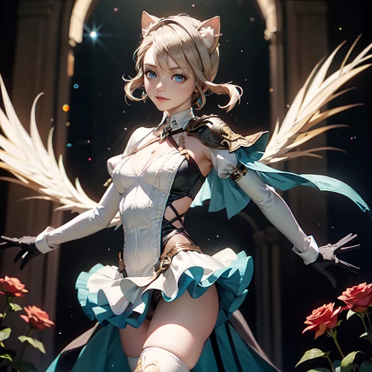 1girl, white maid dress, jewelry, blonde hair, flowing hair, long hair, white roses, firefly, 1girl, white maid dress, jewelry, blonde hair, flowing hair, long hair, maid dress with a short skirt and layers, white laces, white boots, white dress with transparency, gold details on her clothes, more details, perfectly body, perfectly hands, two hands, two legs, two arms, five fingers, glowing hair, best quality, cat ears, animal ears, two cat tail, white gloves, alone, maid headdress, choker, detached sleeves, maid dress, maid white dress, masterpiece, best quality, detailed face, night, asymmetrical gloves, bangs, white short skirt , earrings, elbow gloves, fishnet thigh highs, fish masterpiece, solo, best quality, detailed face, gloves, hair between eyes, jewelry, looking at viewer, single earring, sky, sleeveless, solo, thigh boots, thigh highs, uneven gloves, solo, alone, Looking at the viewer, More details on the clothes, magenta roses on her hair, space scenery, maid, maid dress, magenta details, magenta roses, maid headdress, maid apron, seat on the Saturn rings, more details on her clothes, gold details on her clothes, space, smiling, standing her hand to a viewer, looking at the viewer, in the background a several asteroids glowing with fiery auras, Dramatic lighting from distant stars and planets illuminates the scene, looking at the vast and mysterious universe, cowboy shot, upper body portrait, more details, sparkle,