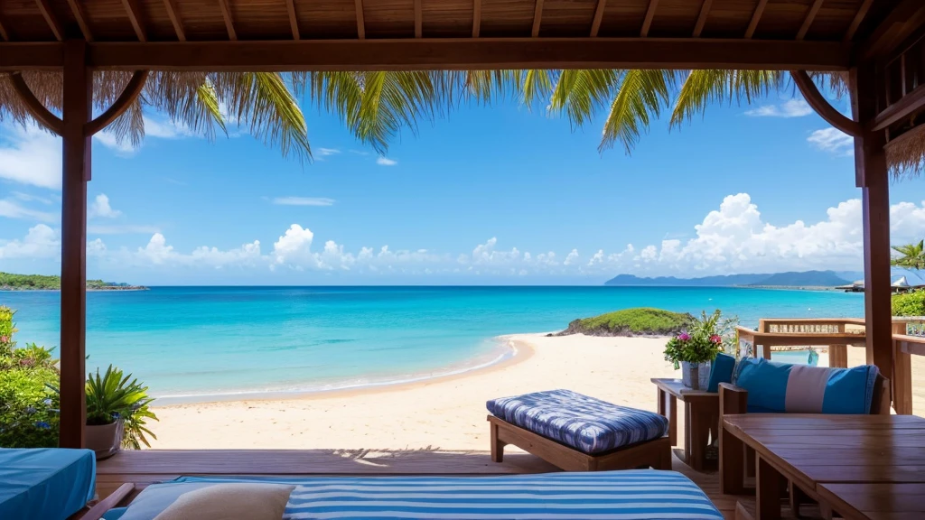 Southern Island、Ocean、熱いtoo陽、Blue sky、horizon、too、Boat、Beach、Sandy Beach、朝のtoo陽の光、