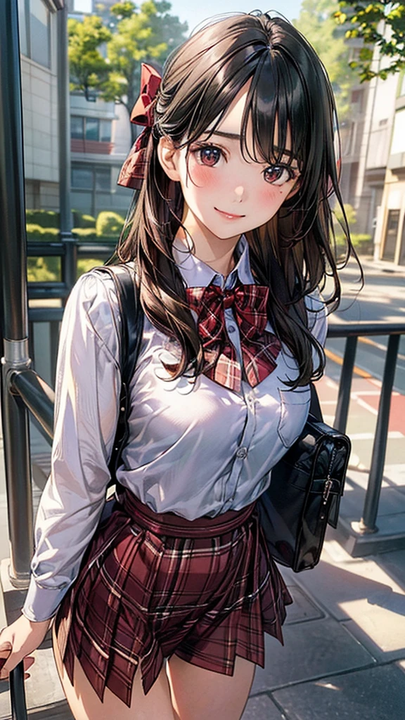 (masterpiece:1.2, Highest quality), (Realistic, photoRealistic:1.4), Beautiful illustrations, (Natural Side Lighting, Cinema Lighting),
View your viewers, Cowboy Shot, Front view, 1 Girl, Japanese, high school girl, Perfect Face, Cute and symmetrical face, Shiny skin,
(Long Hair, Black Hair), Parted bangs, Dark brown eyes, (Big Ass),
Beautiful Hair, Beautiful Face, Beautiful attention to detail, Beautiful clavicle, Beautiful body, Beautiful breasts, Beautiful thighs, Beautiful feet, Beautiful fingers,
((Long sleeve collared shirt, Red plaid bow tie)), Student bag、
(Beautiful views), evening, On the way home from school, walking, (Cute smile, Upward glance),