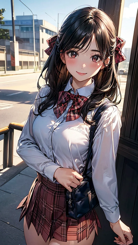 (masterpiece:1.2, Highest quality), (Realistic, photoRealistic:1.4), Beautiful illustrations, (Natural Side Lighting, Cinema Lighting),
View your viewers, Cowboy Shot, Front view, 1 Girl, Japanese, high school girl, Perfect Face, Cute and symmetrical face, Shiny skin,
(Long Hair, Black Hair), Parted bangs, Dark brown eyes, (Big Ass),
Beautiful Hair, Beautiful Face, Beautiful attention to detail, Beautiful clavicle, Beautiful body, Beautiful breasts, Beautiful thighs, Beautiful feet, Beautiful fingers,
((Long sleeve collared shirt, Red plaid bow tie)), Student bag、
(Beautiful views), evening, On the way home from school, walking, (Cute smile, Upward glance),