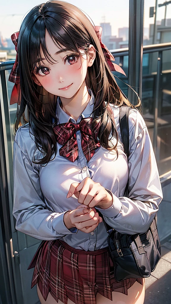 (masterpiece:1.2, top-quality), (realistic, photorealistic:1.4), beautiful illustration, (natural side lighting, movie lighting), 
looking at viewer, cowboy shot, front view:0.6, 1 girl, japanese, high school girl, perfect face, cute and symmetrical face, shiny skin, 
(long hair:1.8, straight hair:1.7, pink brown hair), parted bangs, emerald green eyes, long eye lasher, (large breasts:0.9, thick thighs), 
beautiful hair, beautiful face, beautiful detailed eyes, beautiful clavicle, beautiful body, beautiful chest, beautiful thigh, beautiful legs, beautiful fingers, 
((white collared shirts, grey pleated mini skirt, black socks, brown loafers, red bow tie)), hoop ring earrings, pink panties, 
(beautiful scenery), evening, riverside, walking, hands on chest, (lovely smile, upper eyes), 