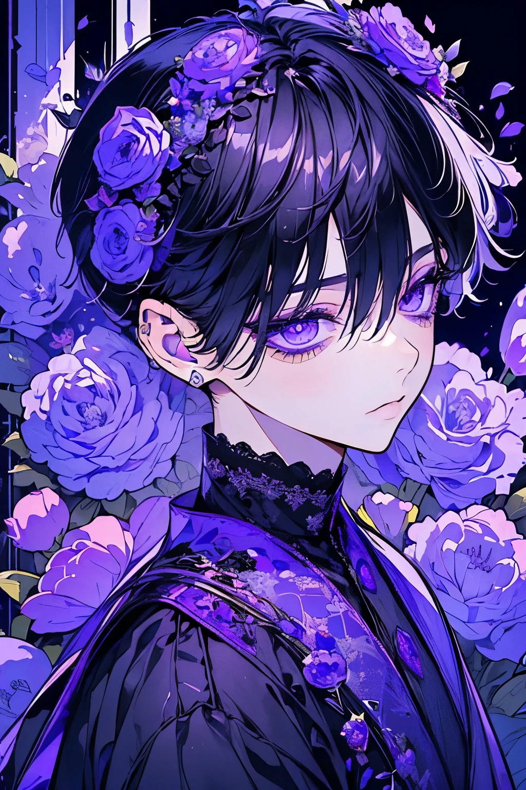 (Mastepiece), (Best Quality), Very detailed, 1 boy, Solo Shooting, Perfect Face, Beautiful Face, Very detailedな顔,(Black Hair:1.3),(short hair:1.4)、(Big eyes:1.4),(Long eyelashes:1.4)、(Purple Eyes:1.3)、Black clothes、Lots of flowers、petal