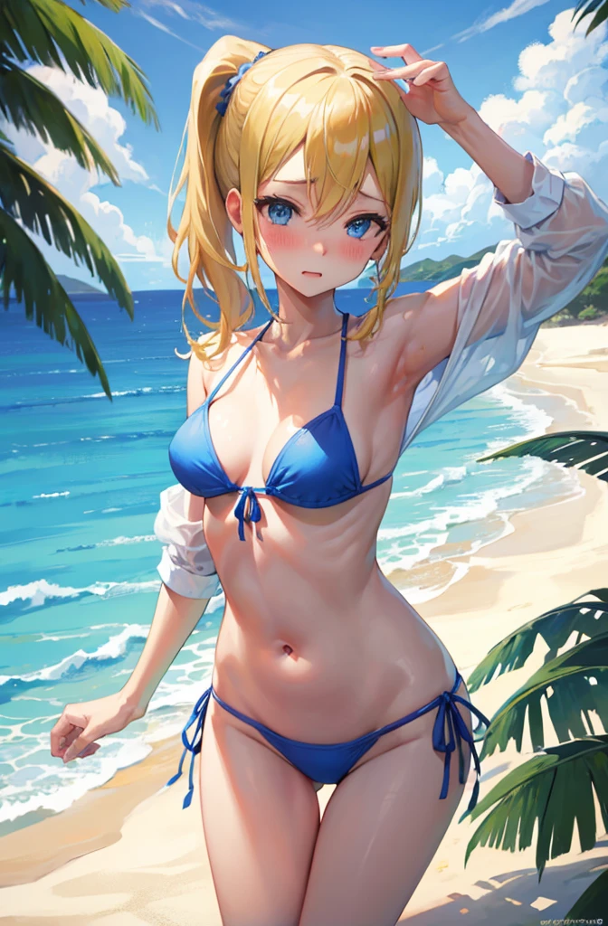 Random pose、Sexy Bikini、Blue Bikini、Random pose、NFSW、NFSW bikini、Blonde、ponytail、Random pose、Pale blue eyes、、Ocean、Sandy Beach、Blushing、Embarrassed expression、