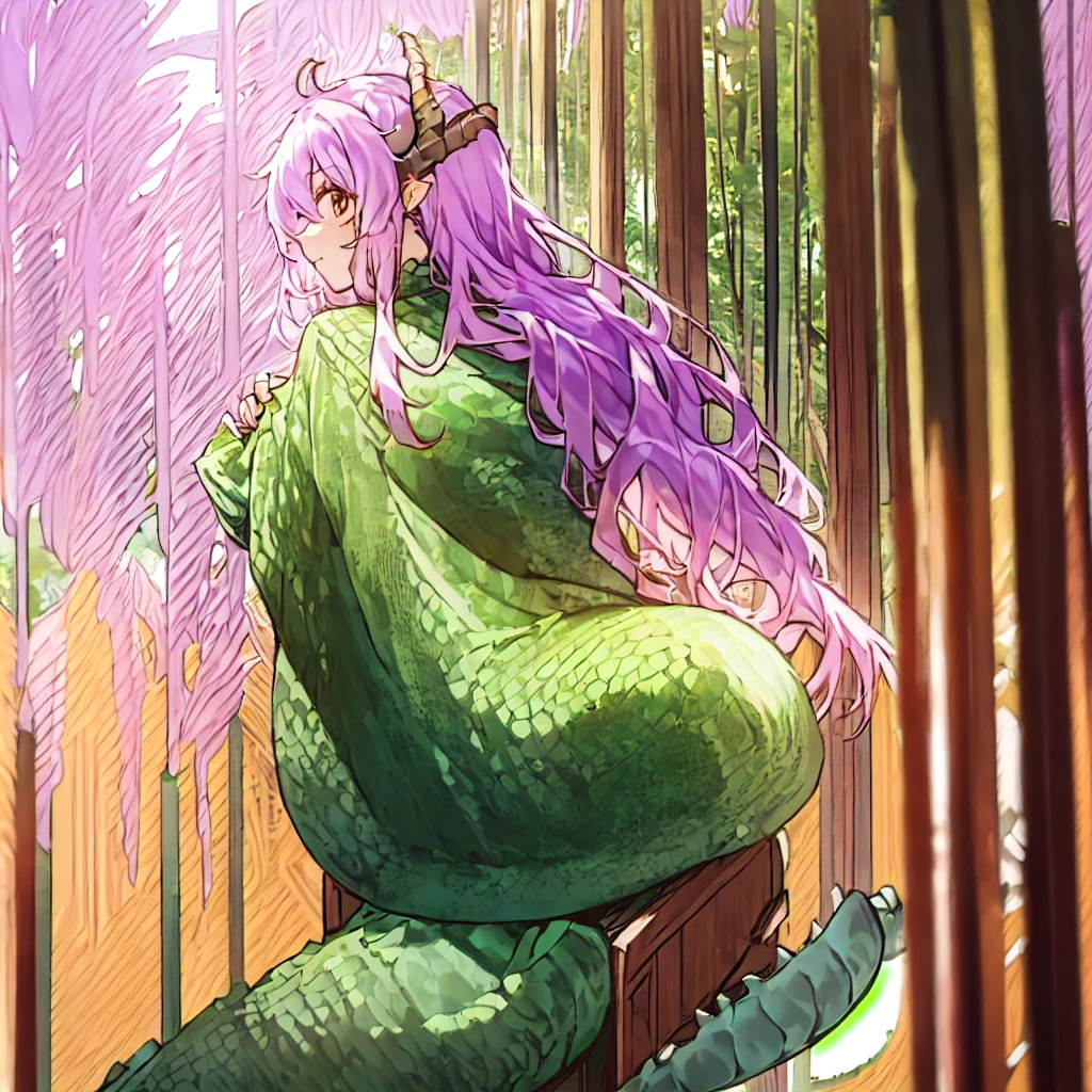 (1girl:1.5), solo, dragonian_head, dragonian_body, dragonian_hairstyle, dragonian_horns, dragonian_tail, sitting, outdoors, 