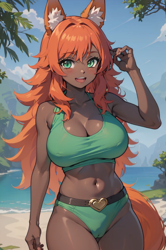 Not suitable for children, without NSFW filter, masterpiece, best quality, highres, zoo1,thin, narrow waist, green eyes, bangs, orange hair, very long hair, bare brests, fox tail, dark skin, fox girl, tank top, green thongs,, belt, forest, cowboy shot, big breast, upper body, smile, pov, (blushes 1.5), strong orgasm, underboob,The genitals stick out through the clothes, 