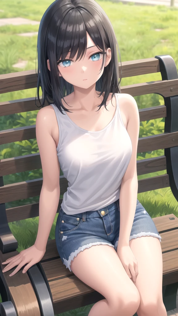 masterpiece, best quality, high quality, 1girl, solo, 19-year-old girl,female focus, looking at viewer , black hair, old-school swoop haircut,white T-shirt sleeveless ,blue jean shorts, emerald eyes, sitting on a bench 