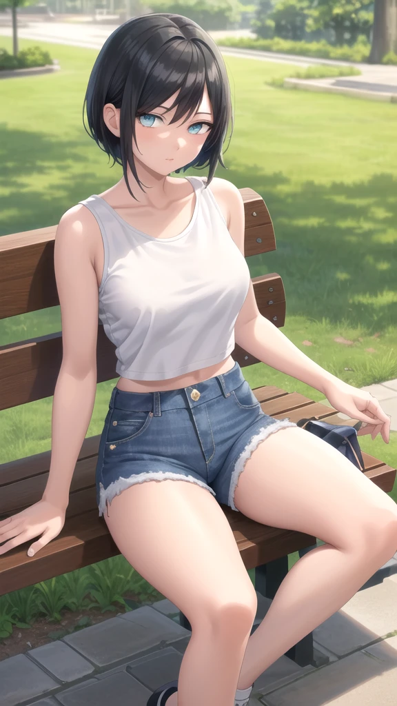 masterpiece, best quality, high quality, 1girl, solo, 19-year-old girl,female focus, looking at viewer , black hair, old-school swoop haircut,white T-shirt sleeveless ,blue jean shorts, emerald eyes, sitting on a bench 